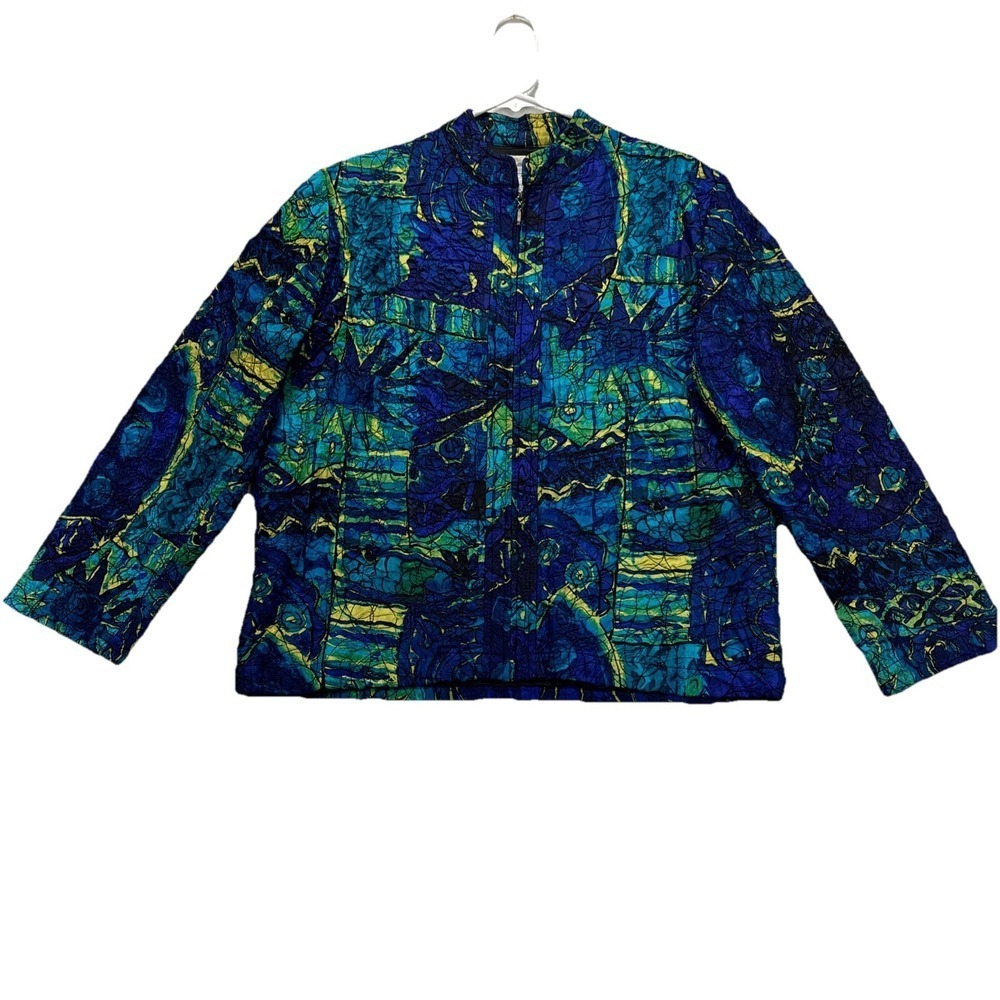 CHICOS Jacket Womens‎ 1 Silk Full Zip Lined Geometric Textured Abstract Artsy